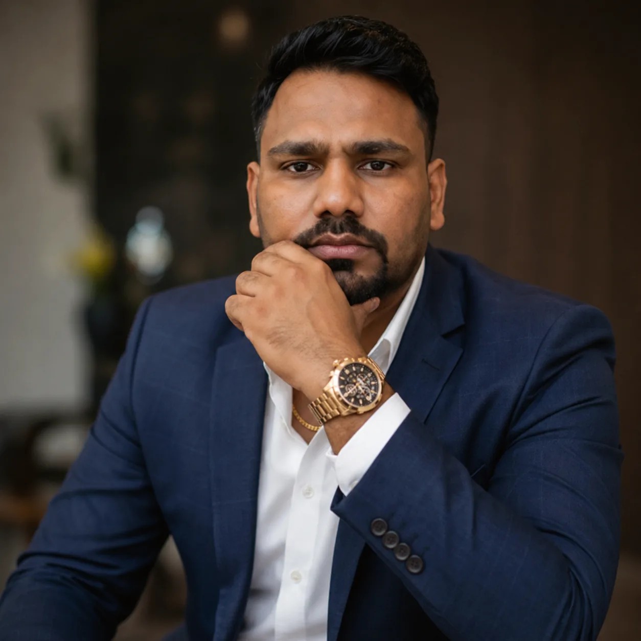 Surya Kant Jha in a formal navy-suit leadership portrait.