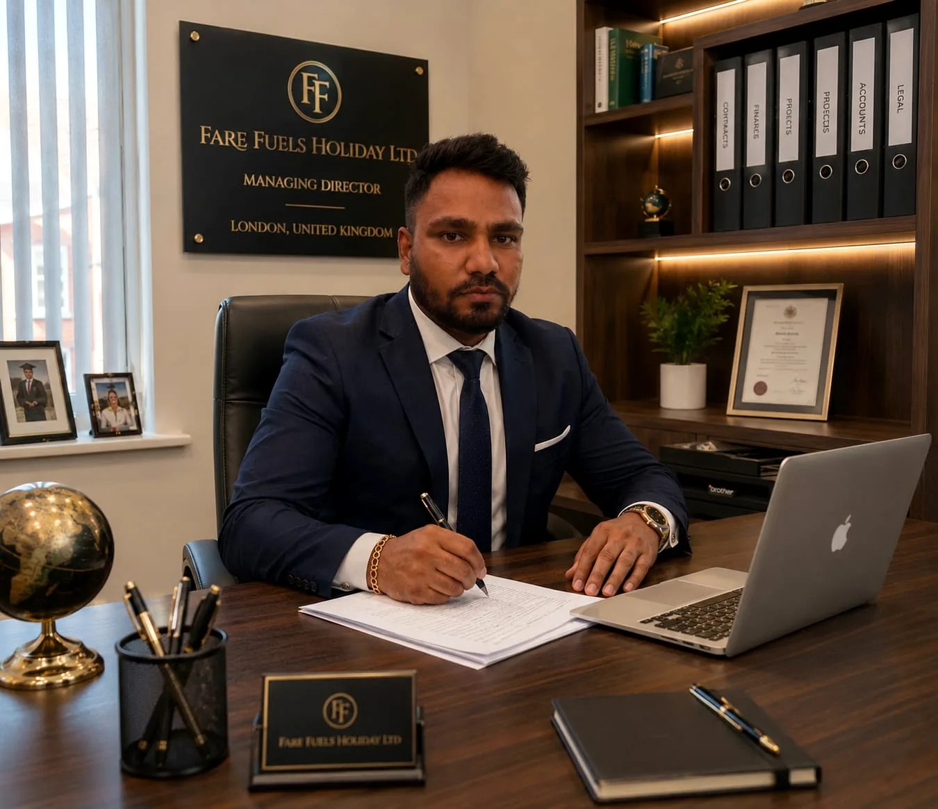 Surya Kant Jha in a travel-business office setting.